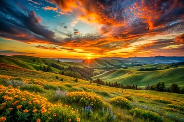 Sunset Meadow Landscape - Orange Teal Hills