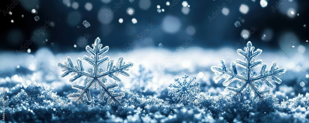 Poster a dark blue background with scattered snowflakes, perfect for creating an enchanting and festive atm