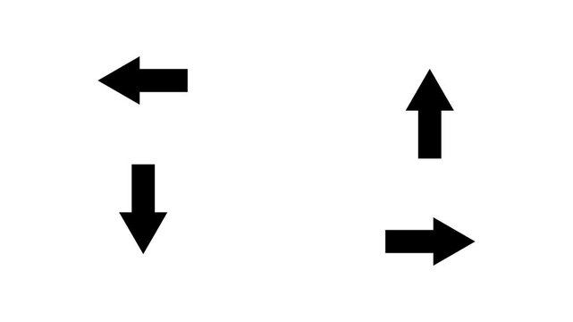 Set of cyclic loop animations of arrow icons movements. Up down left right. Arrows outlined and filled with black color. White and green background