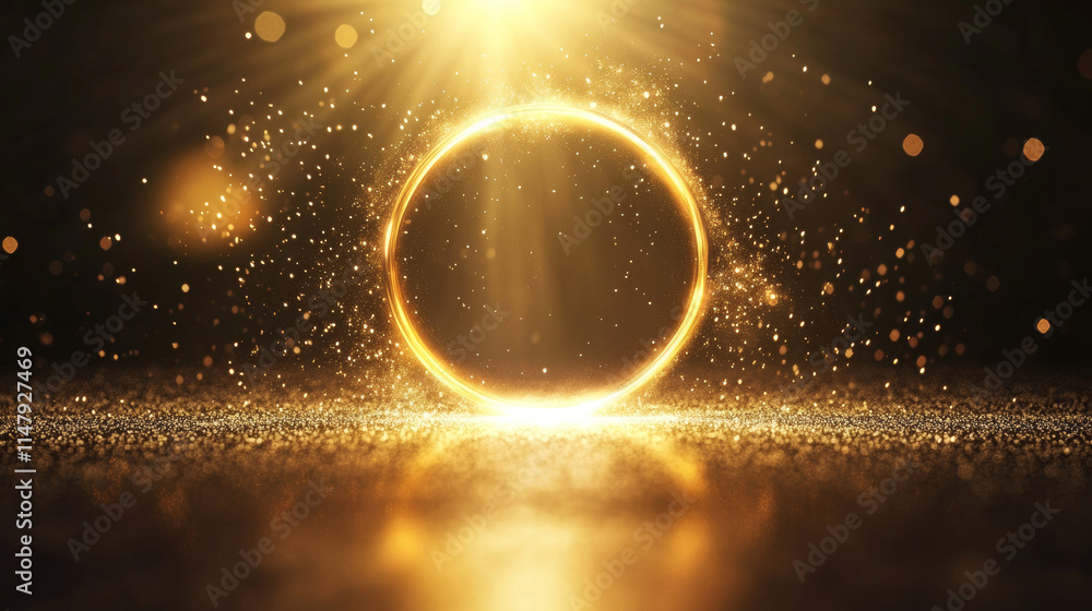 Poster circle frame with golden bokeh effect isolated on black background. vector realistic illustration of