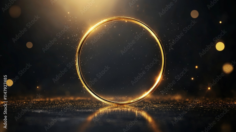 Poster circle frame with golden bokeh effect isolated on black background. vector realistic illustration of