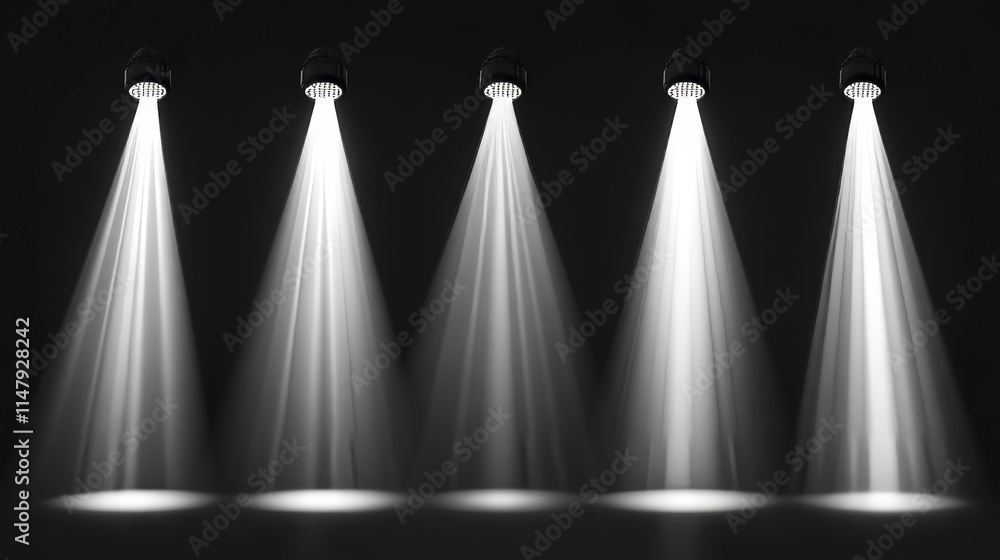 Poster professional stage spotlights with various beam configurations. realistic 3d vector focused illumina