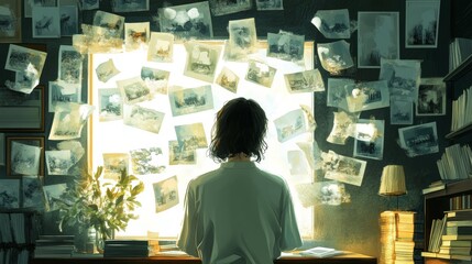 A depiction of nostalgia, illustrated by a character looking through old photographs with soft, warm colors and fading memories symbolized by floating images. Vector illustration 