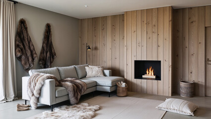 Minimalist living room with a light grey sectional sofa, soft woolen throws, a sleek fireplace embedded in a wooden wall, large beige rugs, and warm ambient lighting creating a calm atmosphere