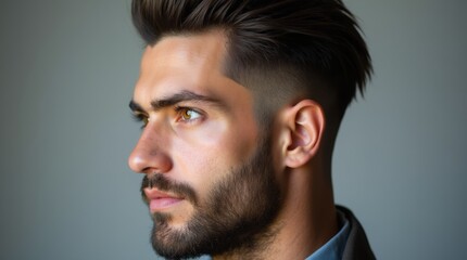 Obraz premium A close-up side view of an attractive man with dark hair and a well-groomed beard, showcasing his sleek high-fade haircut and strong jawline, emphasizing his stylish appearance