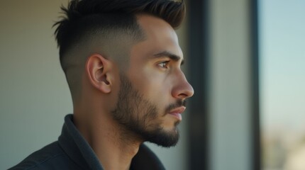 Fototapeta premium A close-up side view of an attractive man with dark hair and a well-groomed beard, showcasing his sleek high-fade haircut and strong jawline, emphasizing his stylish appearance