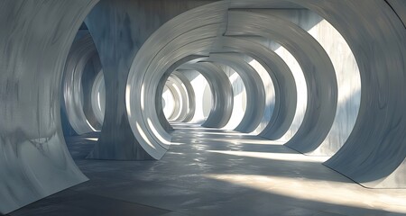 Abstract futuristic tunnel with concrete circular structures and light shafts.