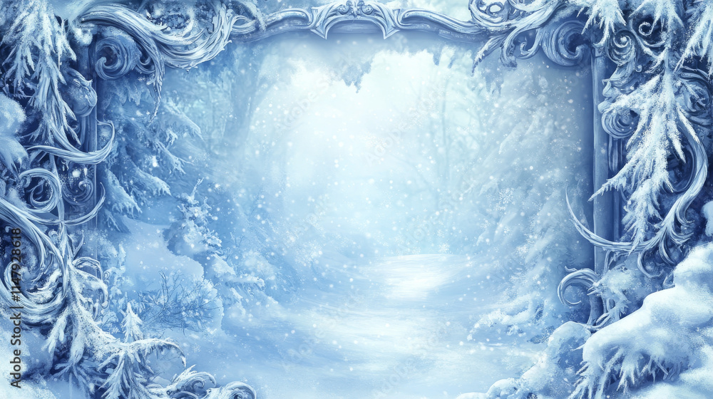 Poster fantasy decoration frame covered with snow for avatar or menu banner of game level rank ui design. e