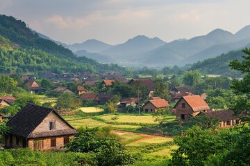 Obraz premium Scenic village nestled in a verdant valley, surrounded by majestic mountains under a soft sky.