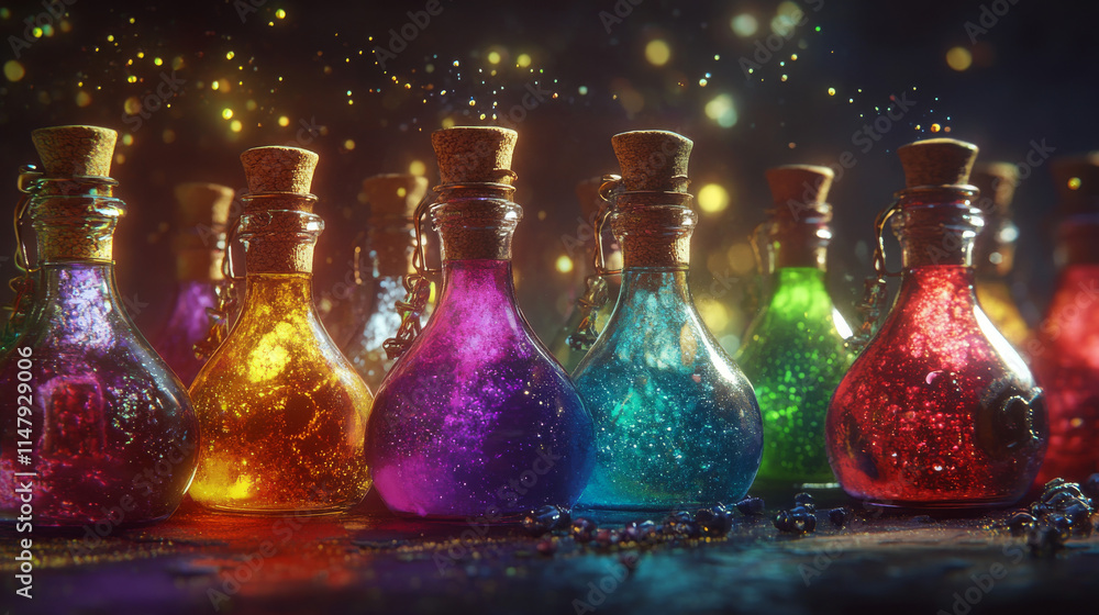 Poster glass bottles with magic elixir or potion. cartoon vector illustration set of game icon vials with c