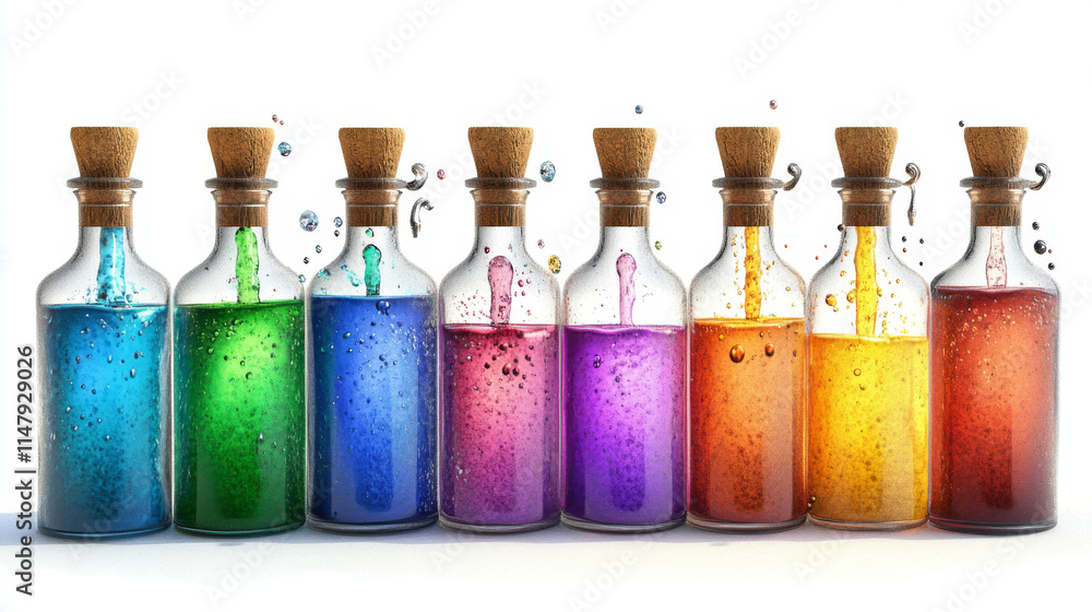 Poster glass bottles with magic elixir or potion. cartoon vector illustration set of game icon vials with c