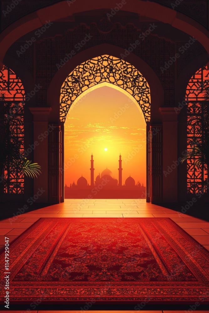 Poster a red carpet is on the floor of a room with a doorway. the doorway is open and there is a large arch