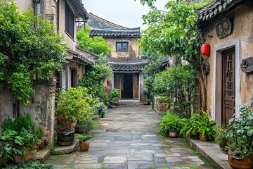 Fototapeta premium Serene stone pathway in a traditional Asian courtyard, lined with lush greenery and aged buildings.