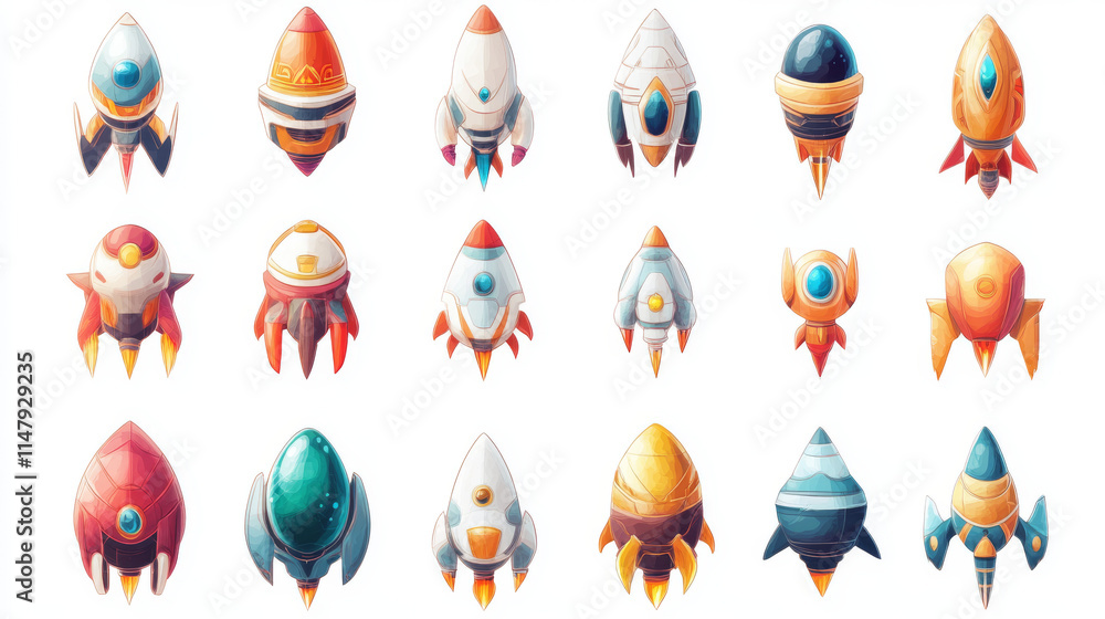 Poster alien spaceship game icons vector set. funny flying rockets, ufo shuttles cartoon collection illustr