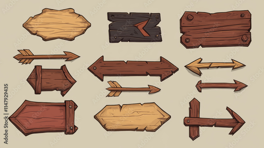 Poster wooden signboard for game ui design. cartoon vector illustration set of blank plates and arrow with 