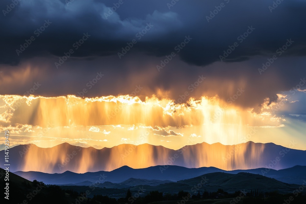 Poster the sky is filled with clouds and the sun is shining through them, creating a beautiful and serene a