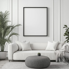 Realistic Black and White Living Room Mockup with Black Square Frame