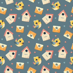 Seamless pattern, spring, flowers, birds have arrived, letter, birdhouse, flowers in a pot, watering can. For fabric design, packaging