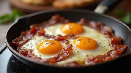 A photorealistic image of a skillet with sizzling eggs and bacon, capturing the texture and aroma of the dish. Great for marketing breakfast items and promoting hearty meal options.
