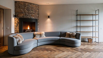 Refined rustic interior with a grey curved sofa, fur pillows, stone wall fireplace, herringbone wood floors, and minimalist shelves, offering a calming, sophisticated space with modern touches
