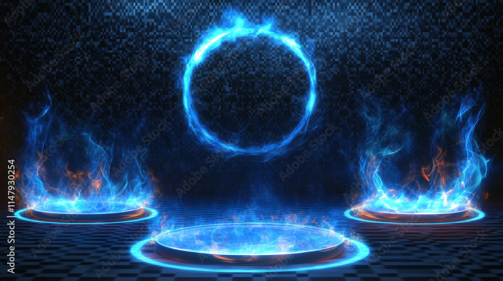 Poster round frames with fire. burning rings with flame, glow effect and sparkles. blue fiery platforms in 