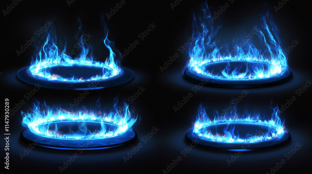 Poster round frames with fire. burning rings with flame, glow effect and sparkles. blue fiery platforms in 