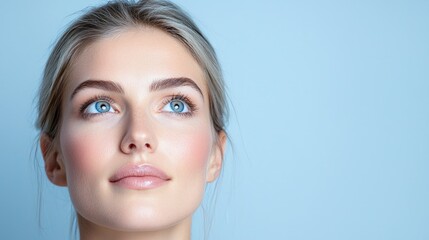 Fototapeta premium Close-up portrait of a young woman with blue eyes and flawless skin, looking up thoughtfully against a light blue background.