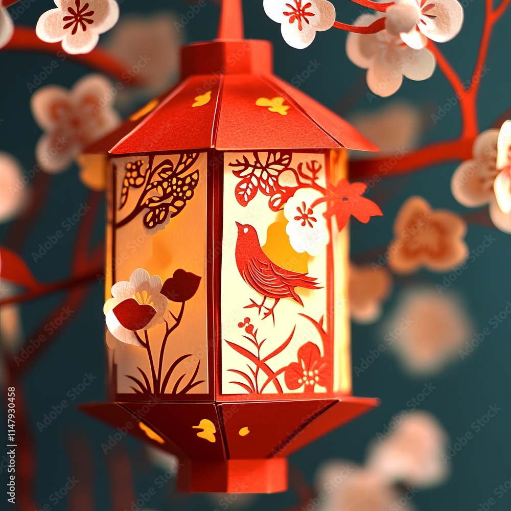 Poster a red lantern with a bird on it hangs from a tree. the lantern is lit, and the bird is perched on a 