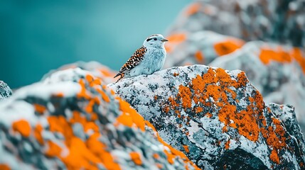 Colorful Bird on Rocky Lichen Covered Mountain