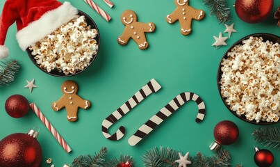 Christmas-themed premiere featuring thematic elements. Top-view of movie clapper, gingerbread man-shaped glasses, delectable popcorn, Santa's hat, ornaments, straws on green backdrop