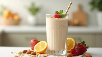A refreshing image of an almond milk smoothie in a glass, garnished with fresh fruits and nuts, set against a bright kitchen backdrop.
