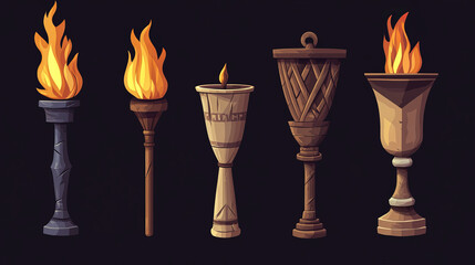 Medieval torch flame. Ancient fire stick cartoon icon for game. Hawaiian flambeau for wall. Viking wood and greek marble burn ceremony flashlight cup element collection. Old history lantern 2d kit