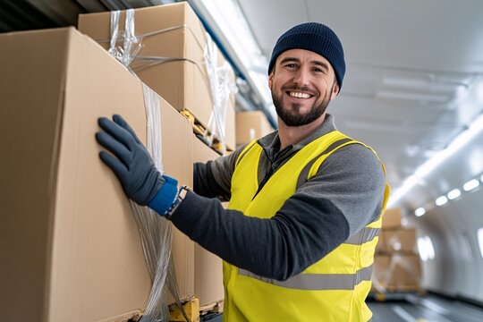 A smiling worker in a yellow vest and beanie handles boxes inside a cargo area, showcasing a positive attitude towards his job.