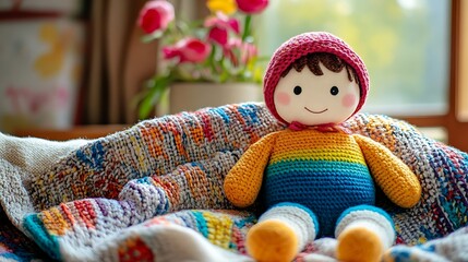 Cheerful plush doll sitting on a cozy blanket in a bright and colorful peaceful setting