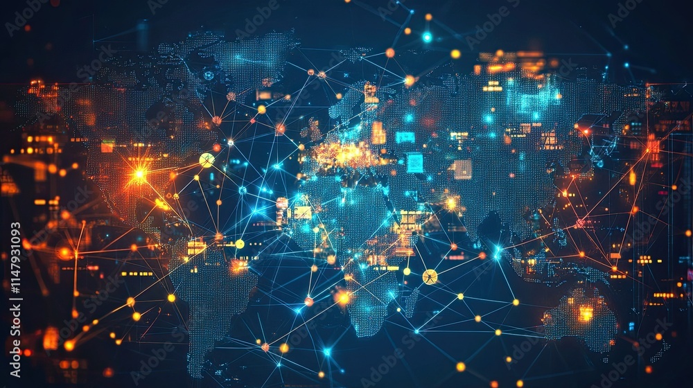 Aufkleber an abstract globalization graphic depicting a network of connections in a smart digital metropolis. 