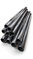 Fototapeta premium Stacked arrangement of various sized metal pipes or tubes in an industrial manufacturing or construction setting The pipes are made of steel or other metallic materials and have a shiny