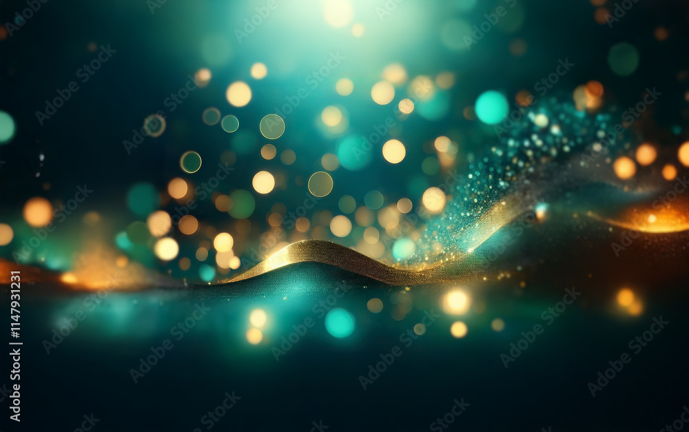 Aufkleber a glowing abstract background with a flowing gold band and bokeh lights.