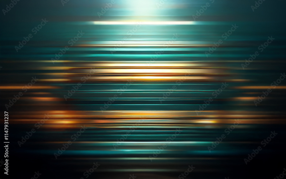 Poster abstract background with blurred horizontal lines in teal, yellow and orange hues converging at a br
