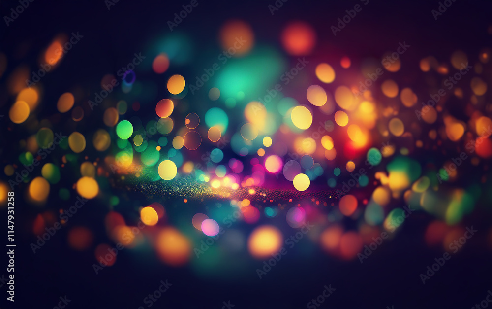 Poster abstract background with glowing colorful bokeh, brightly colored lights shining in the dark.