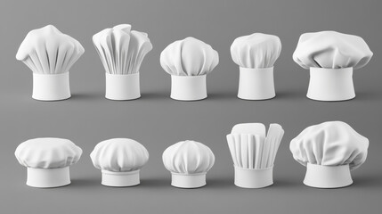 Chef hats, cook caps and baker toques realistic mockup. White restaurant uniform headwear, professional small, medium and tall french style clothing of kitchen staff, 3d vector illustration