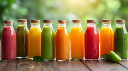 A vibrant image of a selection of colorful juice bottles arranged on a wooden table, showcasing a variety of fresh juices for a juice cleanse. 