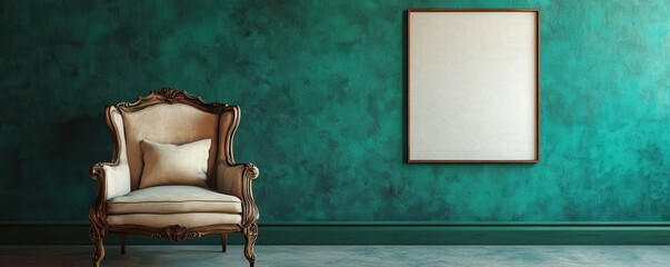 A emerald green wall with a creamy armchair and a blank poster.