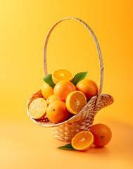 Fresh oranges in basket on a orange background.