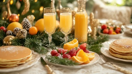 Festive Christmas Brunch With Mimosas And Pancakes