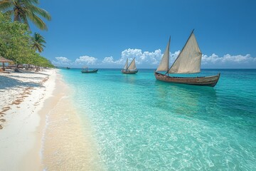 Obraz premium A serene beach with turquoise waters, white sand and traditional boats in the background. Generative AI