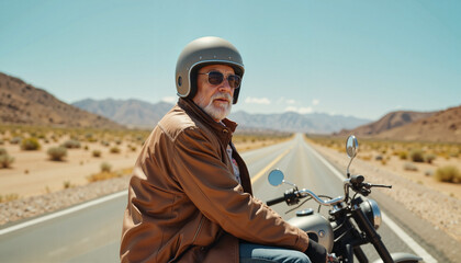 Biker grandfather enjoying a sunny ride on an open road surrounded by mountains and desert landscape