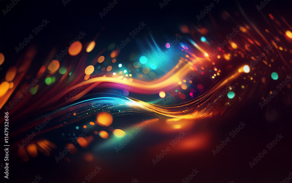 Poster abstract artwork featuring vibrant colors and shimmering lights flowing in a wave pattern.