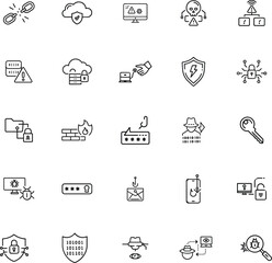 Cybersecurity Threats Icons of Data Breach, Hacking, and Network Risks