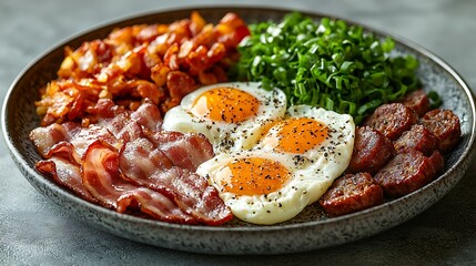 Fototapeta premium Breakfast platter featuring eggs, bacon, sausage, and hash browns, isolated on a neutral gray background