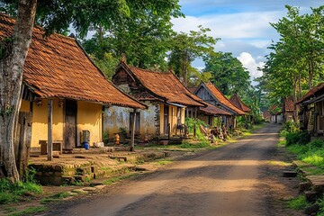Sunlit village street with traditional houses.